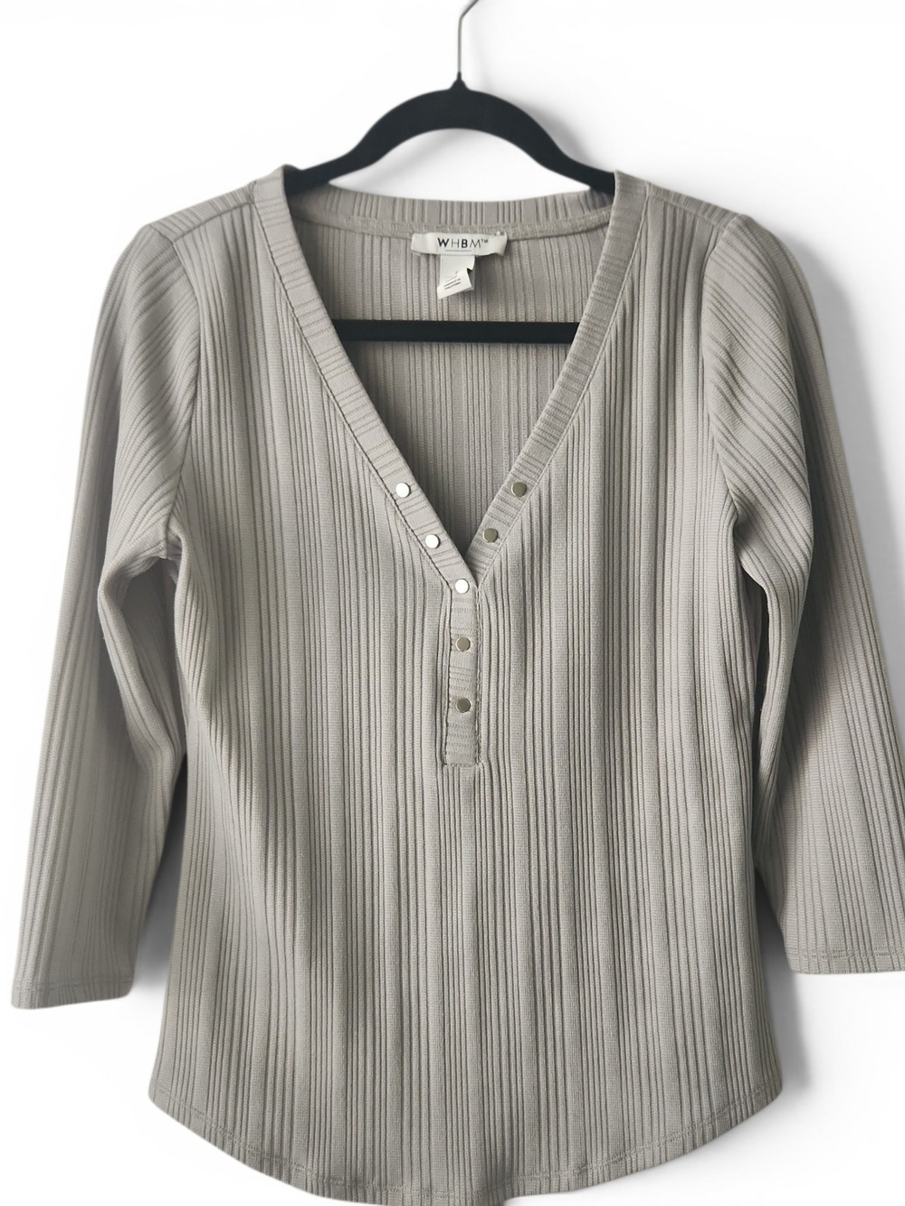 White House Black Market Women's Gray Ribbed 3/4 Sleeve Henley Top Size S